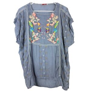 Johnny Was Blue Embroidered Flutter-Sleeve Tunic Top